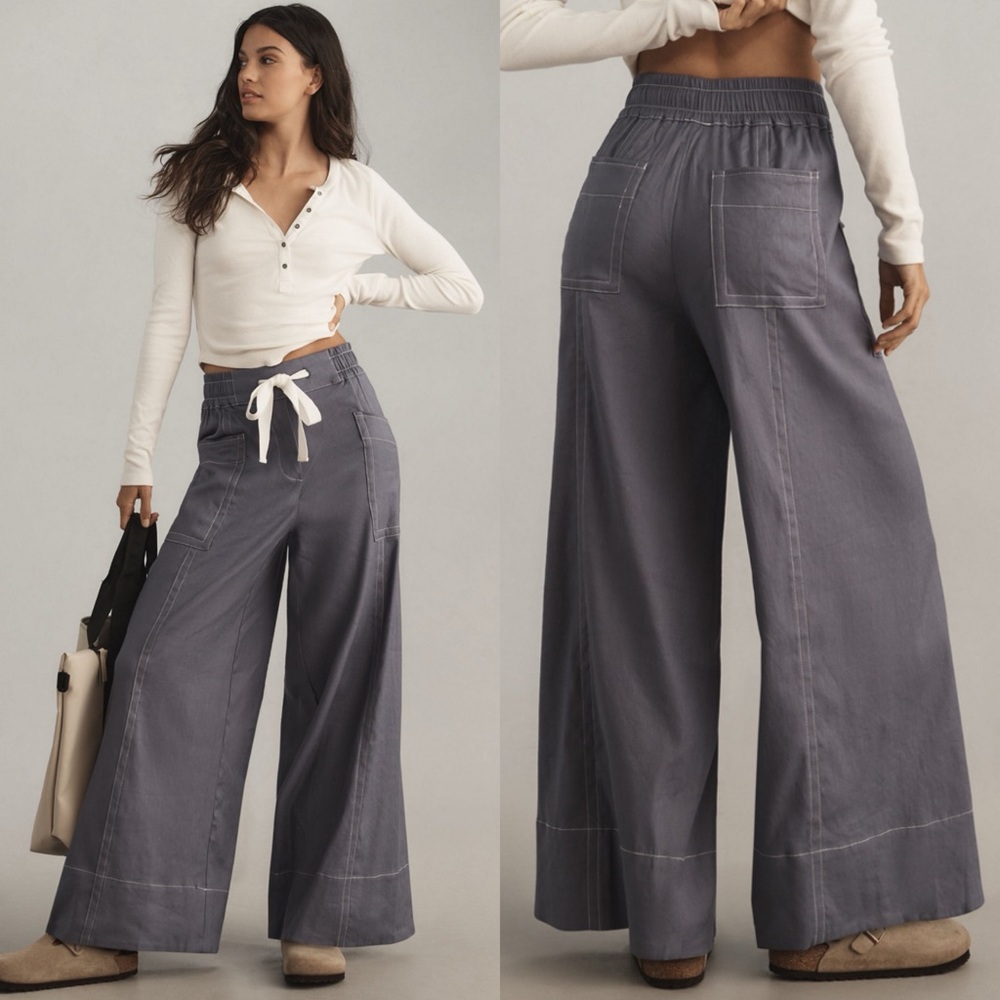 NEW Anthropologie Maeve Tie Waist Wide Leg Casual Breezy Linen Blend Pants XL - Picture 1 of 11